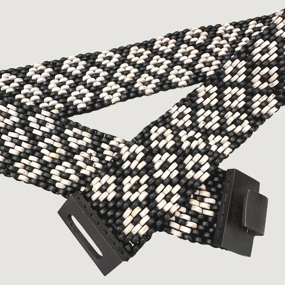 Vintage 80s Wide Wood Beaded Stretch Belt Black White Chevron Boho Waist Cinch